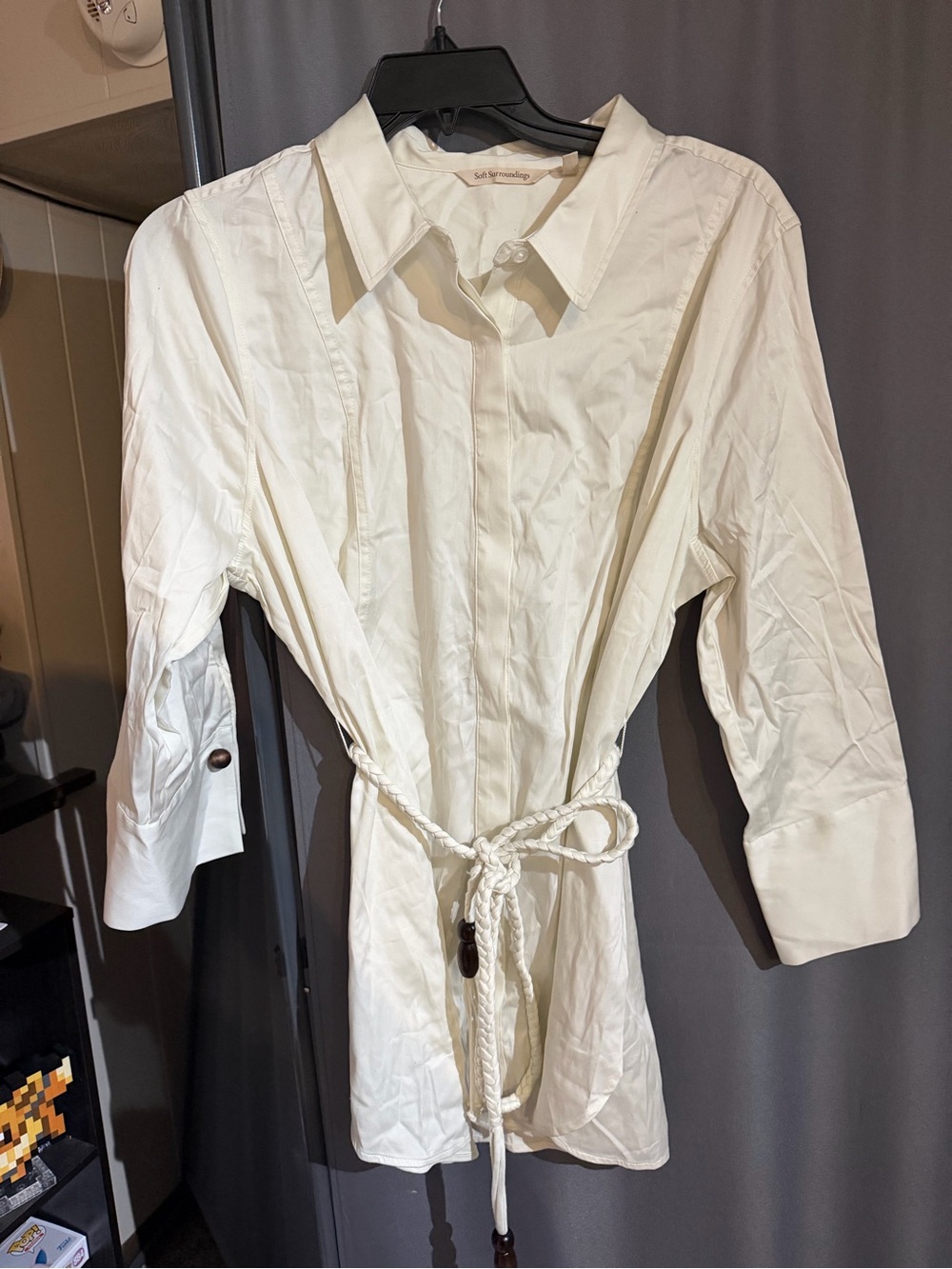 Soft Surroundings White Cotton Button-Down Shirt with Rope Tie